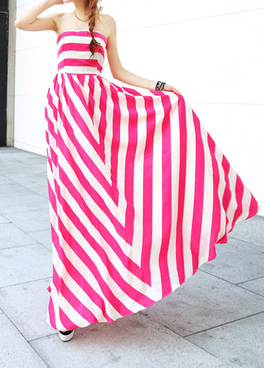 Fashion Open Back Striped Dress For Woman - Rose& White
