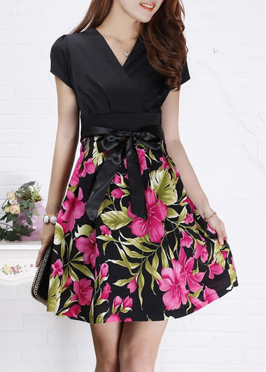 High Quality V Neck Short Sleeve Woman Dress - Black&Rose 