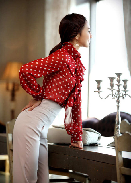 Elegant And Cute Polka Dot Print Long Sleeve Blouse With Flouncing - Red