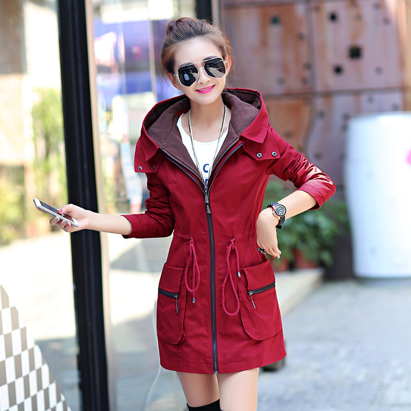 Fashion Elastic Waist Hooded Trench Coat - Wine Red