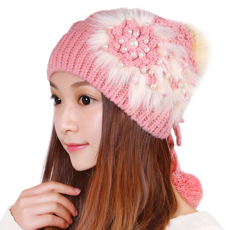 Free shipping Knitted Hat Ball Beanies Winter Hat For Women - Pink