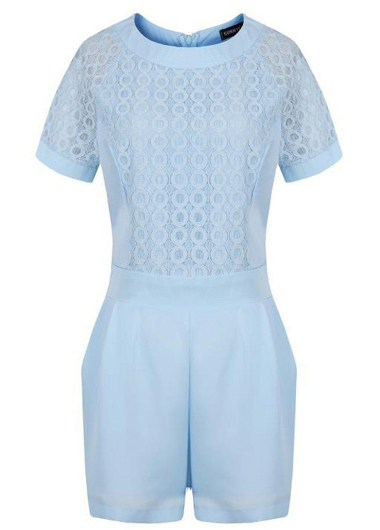 Light Blue Lace Short Sleeved Romper Featuring Crew Neckline 