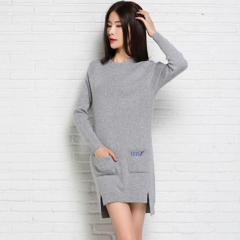 Fashion And Elegant Round Neck Woman Dress With Pockets - Light Grey