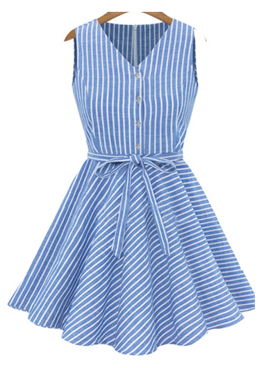 High Quality V Neck Sleeveless Striped Dress - Blue