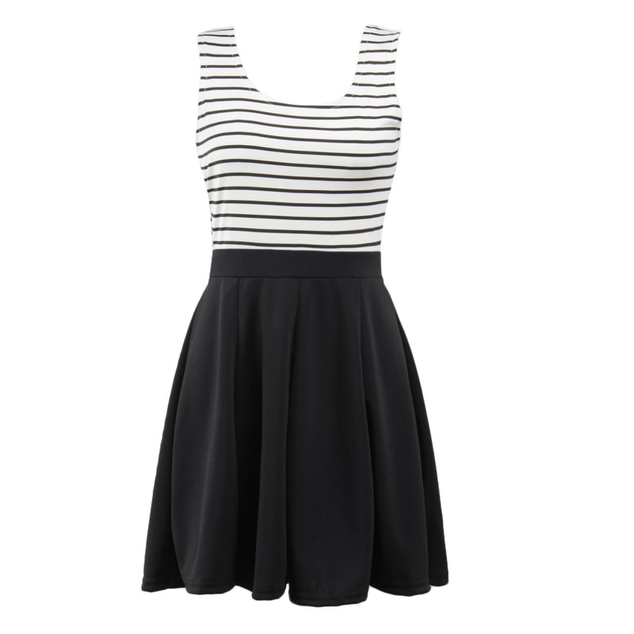 Fashion Sleeveless Stripe Print Dress - White&black