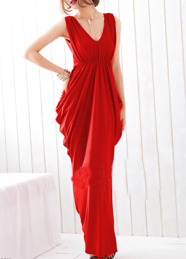Fashion And Sexy Sleeveless V Neck Shiny Maxi Dress - Red