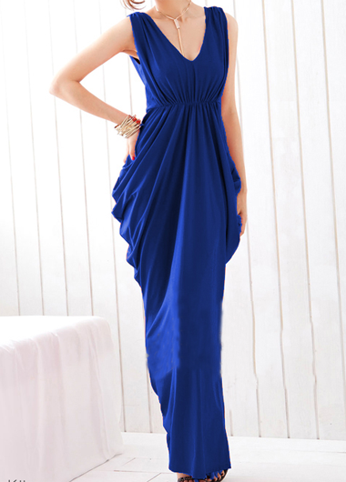 Fashion And Sexy Sleeveless V Neck Shiny Maxi Dress - Blue