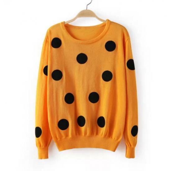 Cute Polka Dots Print Long Sleeves Pullover Round Neck Knitting Sweater - Yellow