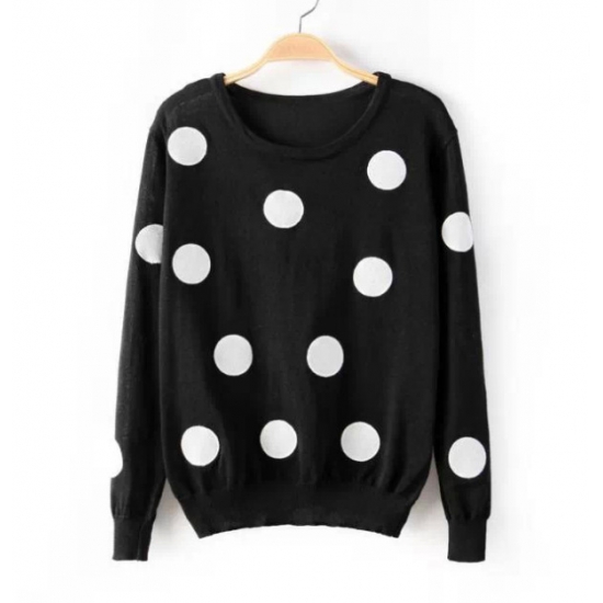 Cute Polka Dots Print Long Sleeves Pullover Round Neck Knitting Sweater - Black