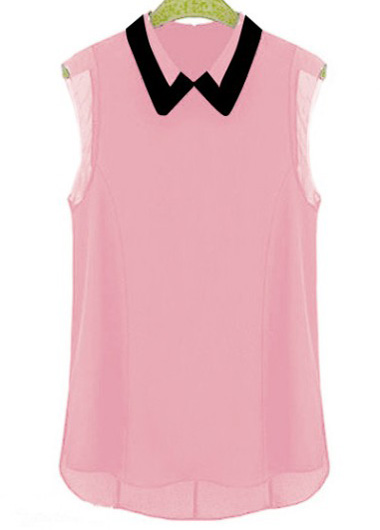 Casual Turndown Collar Sleeveless Black T Shirt For Woman - Pink