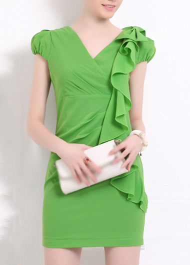 High Quality Puff Sleeve V Neck Chiffon Dress - Green