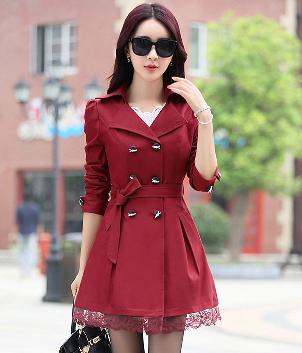 Lace Decoration Double Breasted Trench Coat - Wine Red