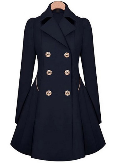 Fashion Long Sleeve Turndown Collar Trench Coat With Button - Navy