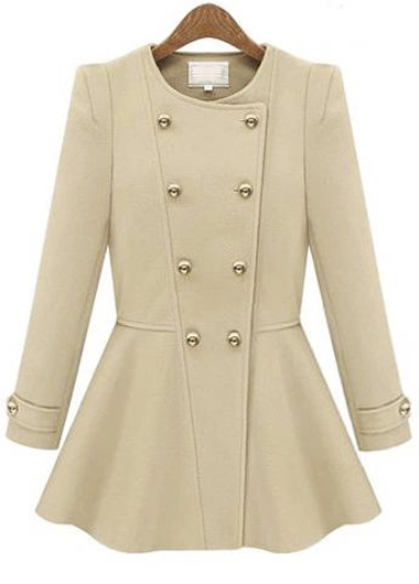 Fashion Round Neck Double Breasted Woman Coat - Beige
