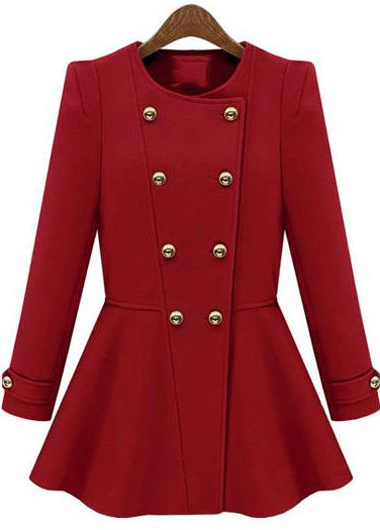 Fashion Round Neck Double Breasted Woman Coat - Red