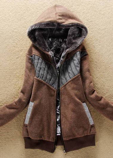 Fashion Hooded Collar Woman Coat With Zip - Brown