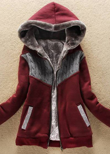 Fashion Hooded Collar Woman Coat With Zip - Wine Red