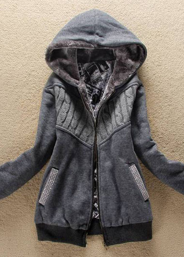Fashion Hooded Collar Woman Coat With Zip - Grey
