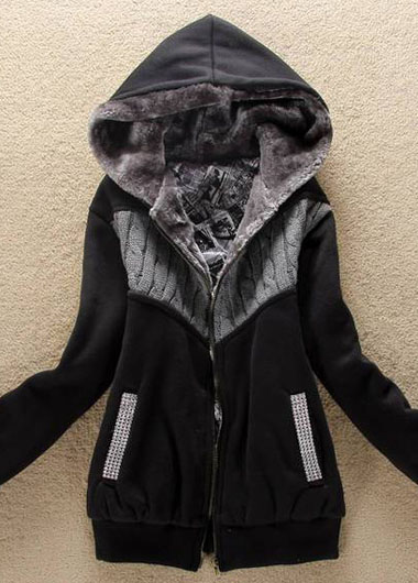 Fashion Hooded Collar Woman Coat With Zip - Black