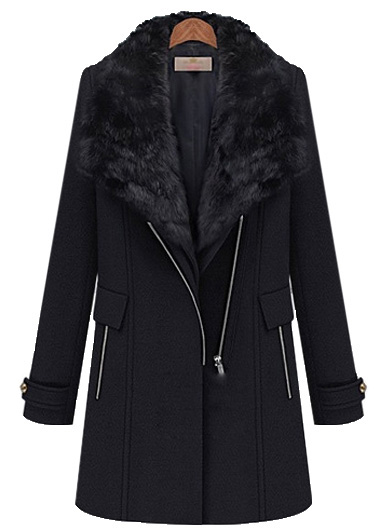 Vogue Long Sleeve Turndown Collar Winter Coat - Black