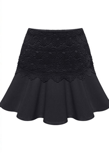 Black Flounced Skirt With Floral Lace Embellishment