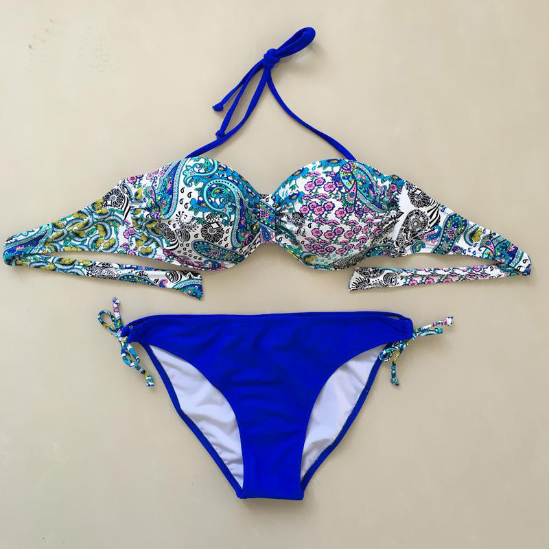 Women Sexy Floral Halter Swimsuit Swimwear Beachwear Biquini Bathing Suits - Blue