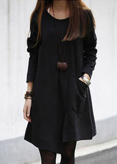 Fashion Round Neck Pocket Design Long Sleeve Dress - Black