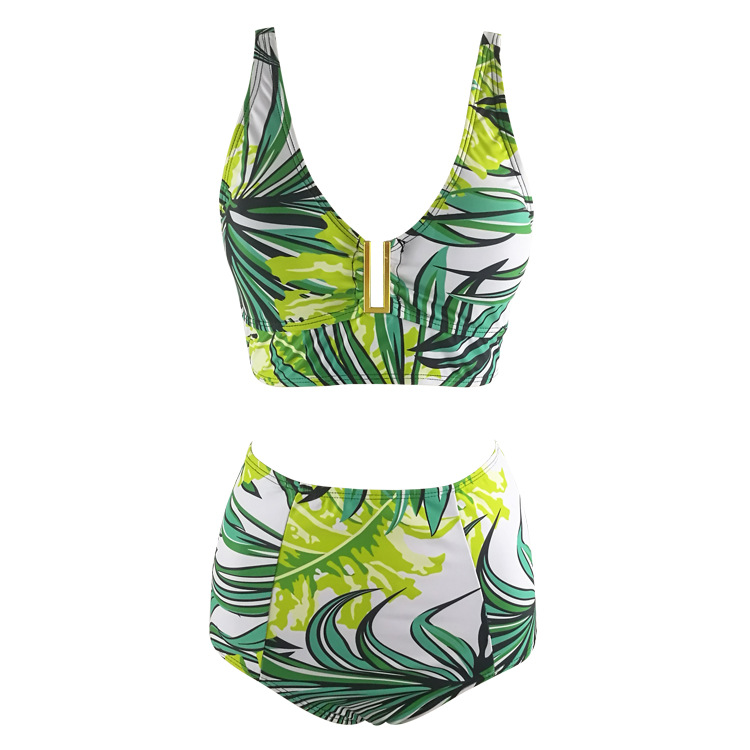Elegant Print U Neck Green High Waist Bikini Swimsuit