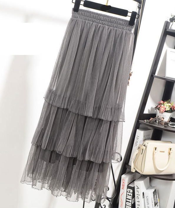 High Waisted Tiered Ruffle Tulle Skirt - Black, White, Gray