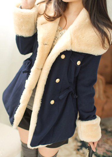 High Quality Long Sleeve Turndown Collar Woolen Coat - Dark Blue
