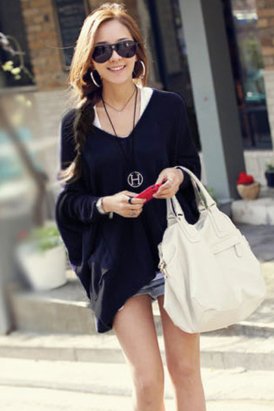 Fashion O Neck Long Sleeve Long Acrylic Sweater - Black