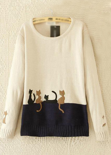 Lovely Cat Print Round Neck Long Sleeve Sweater - White