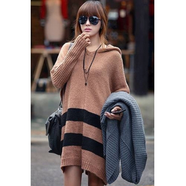 Fashion Color Matching Hooded Collar Long Hooded Sweater For Woman - Khaki