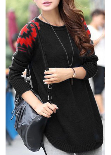Style Round Neck Long Sleeve Sweater Pullover - Black