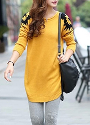 Style Round Neck Long Sleeve Sweater Pullover - Yellow