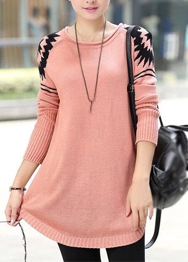 Style Round Neck Long Sleeve Sweater Pullover - Pink