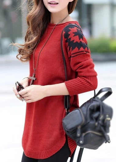 Style Round Neck Long Sleeve Sweater Pullover - Red