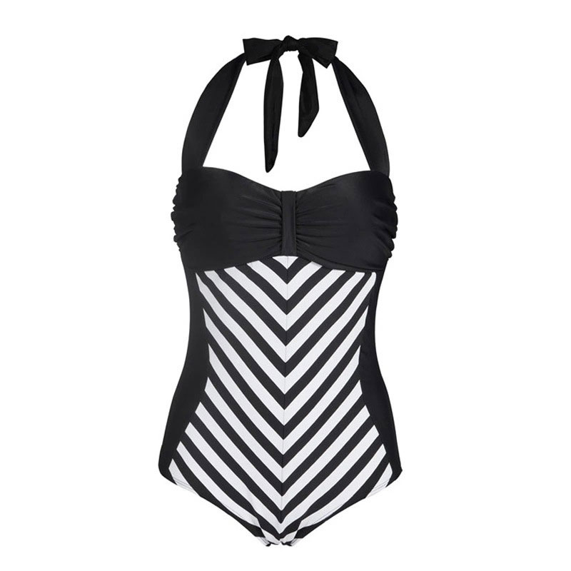 Stripe One Piece Women Swimwear Swimsuit Push Up Bikini Set - Black