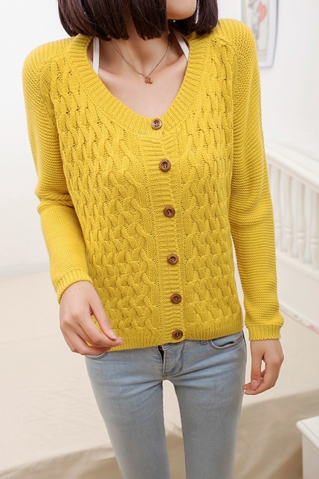 2014 Good Design Loose O Neck Long Sleeve Cardigan Sweater - Yellow