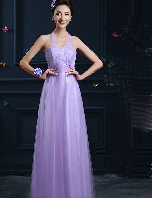 Purple Elegant Halter Maxi Organza Evening Dress