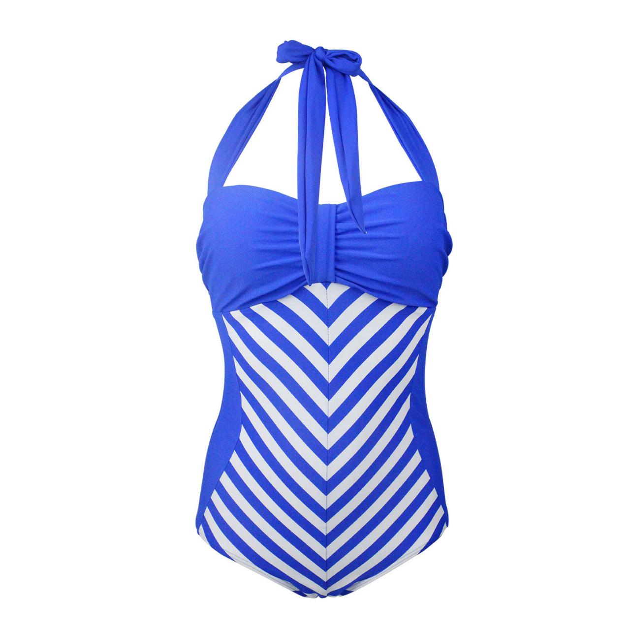 Stripe One Piece Women Swimwear Swimsuit Push Up Bikini Set - Blue
