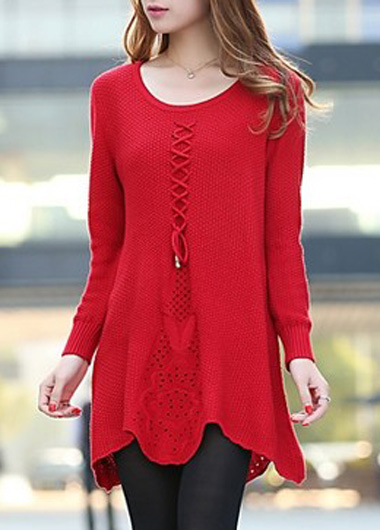 Cute Long Sleeve Round Neck Woman Sweater - Red