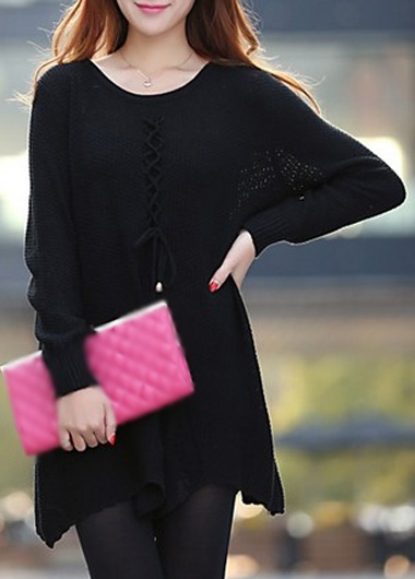 Cute Long Sleeve Round Neck Woman Sweater - Black