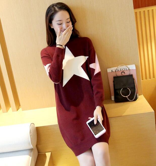 Cute Star Loose Pullover Sweater Dress - Wine Red