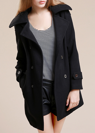 Fashion Turndown Collar Long Sleeve Coat With Button - Black