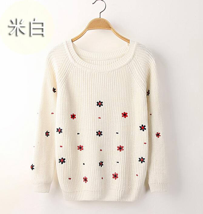 Beige Round Neck Long Sleeve Knitted Cardigan Pullover With Flower Prints