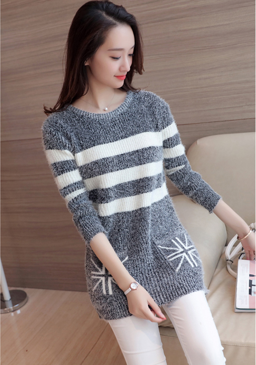 Women Strips Loose O-neck Long Sleeve Casual Sweater Fashion Knitted Tops - Grey