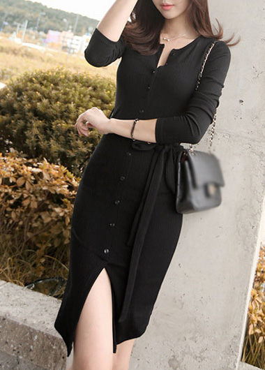 Elegant Button Closure Knee Length Sweater Dress - Black
