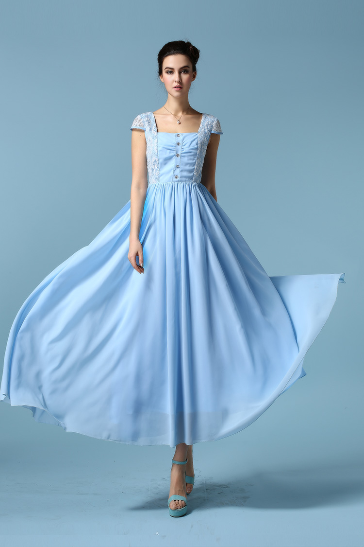High Quality Light Blue High Waist Lace Chiffon Maxi Dress
