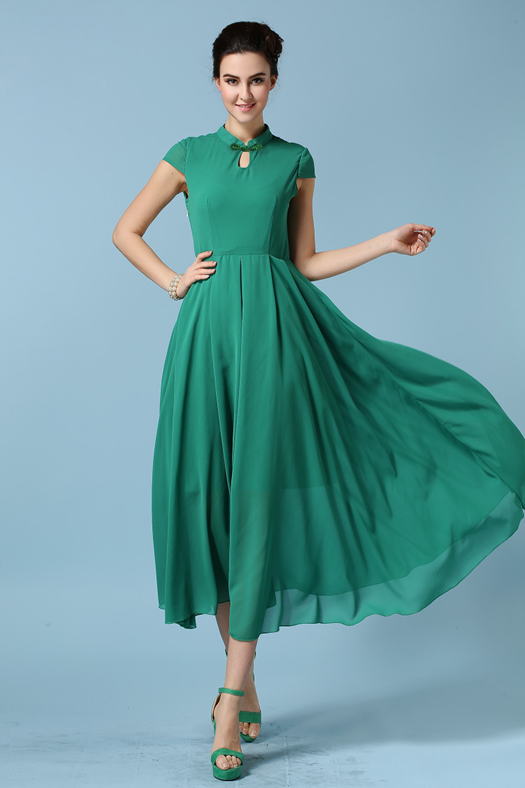 Classic Style High Waist Chiffon Maxi Dress - Green